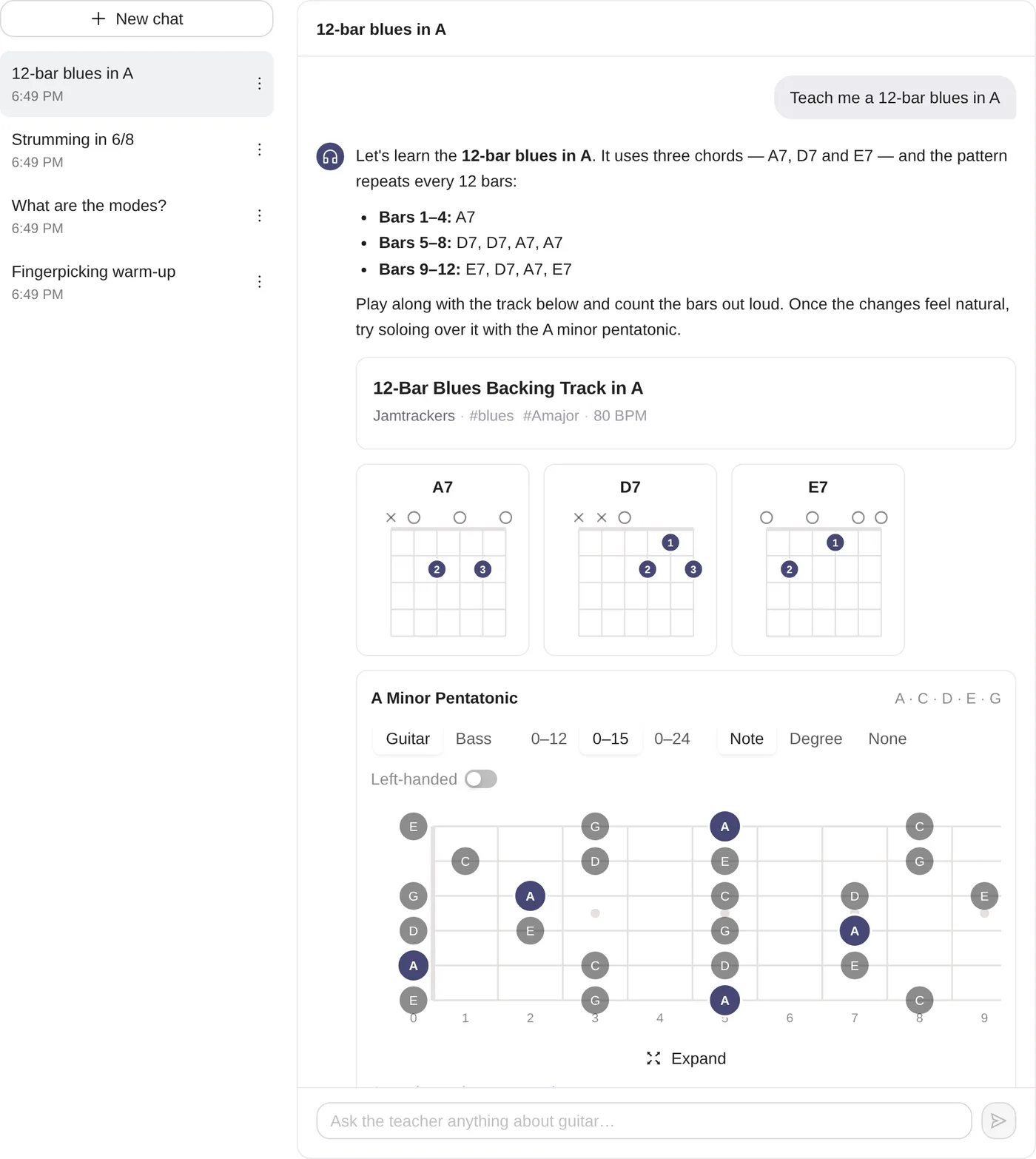 The AI Guitar Teacher explaining the 12-bar blues in A, with a playable backing track, A7, D7 and E7 chord diagrams and an A minor pentatonic fretboard chart under its reply.