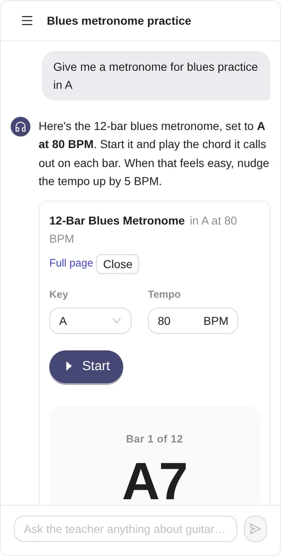 The AI Guitar Teacher on a phone, with the 12-bar blues metronome open in the chat, set to A at 80 BPM.